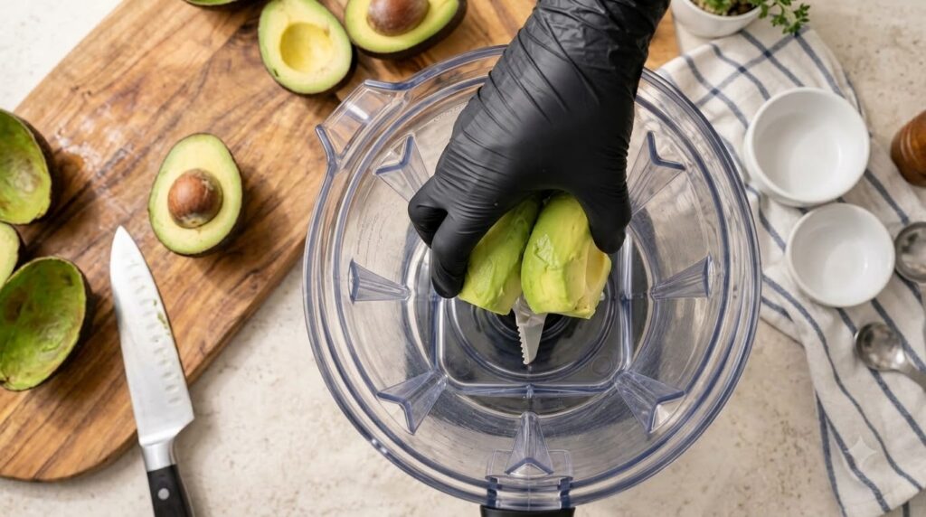 A hand wearing a black glove placing peeled avocado halves into a clear blender jar
