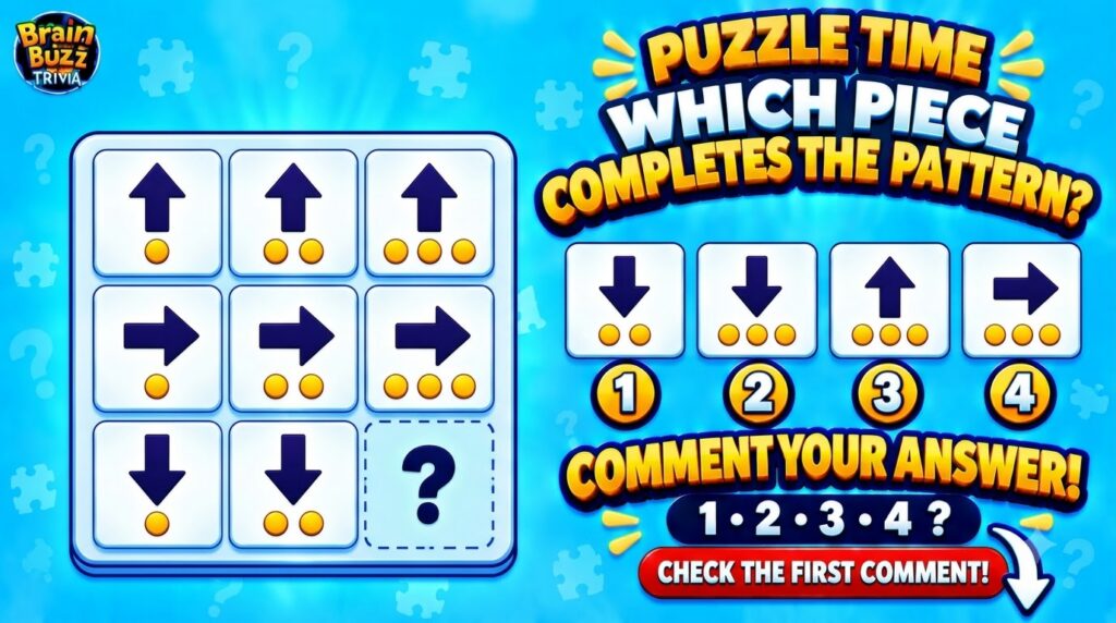 A brightly colored graphic puzzle interface from Brain Buzz Trivia featuring a 3x3 grid with directional arrows and yell