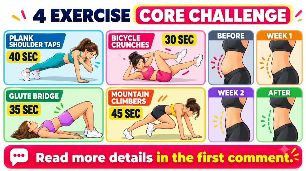 A vibrant cartoon-style infographic showing four core exercises Plank Shoulder Taps Bicycle Crunches Glute Bridge and Mo