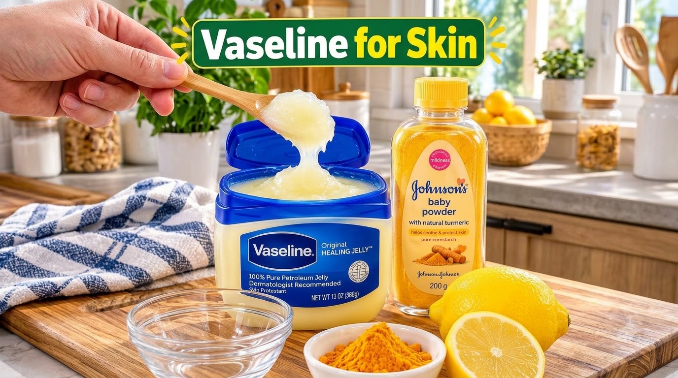 A jar of Vaseline Original Healing Jelly with a spoonful of product alongside a bottle of baby powder with natural turme
