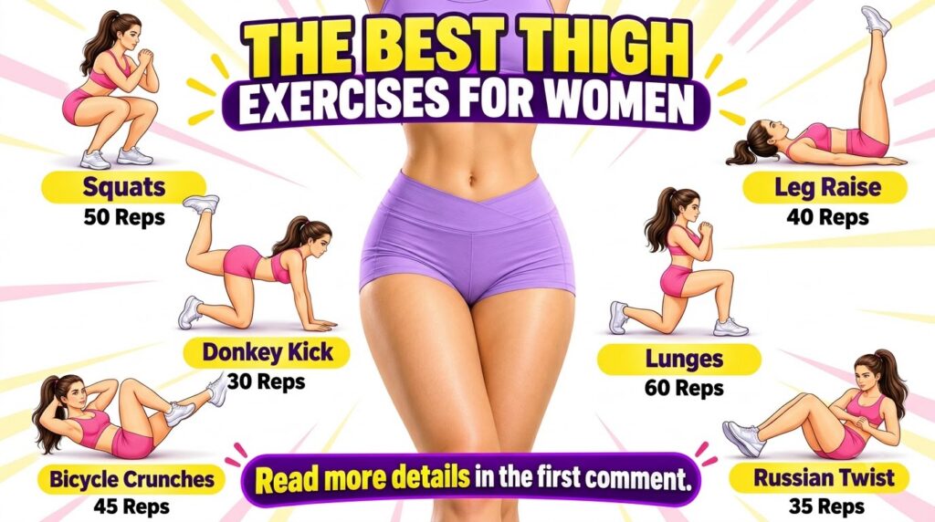 An infographic showing a central well-toned female torso and legs in activewear surrounded by smaller cartoon illustrati