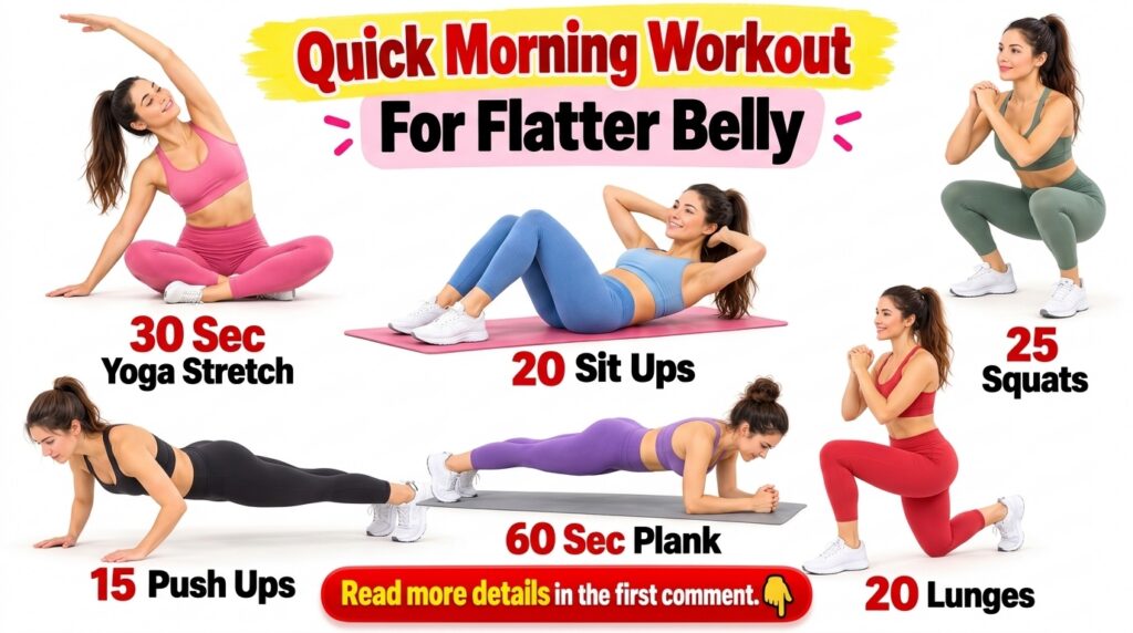 A woman demonstrating six different exercises in a grid collage yoga stretch squats sit-ups push-ups plank and lunges wi