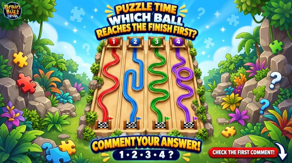 A vibrant mobile game-style puzzle featuring four distinct winding race tracks red blue green purple each with a numbere