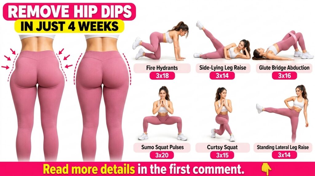 An infographic showing exercises to reduce hip dips featuring a before and after comparison of a woman s lower body and 