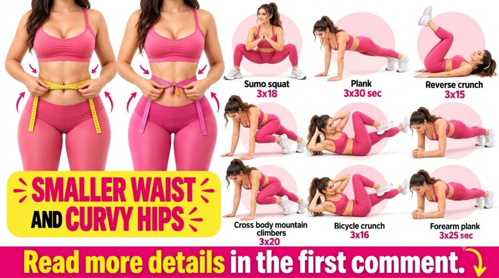 An infographic showcasing a woman in activewear with a before and after waist measurement comparison and six panels illu