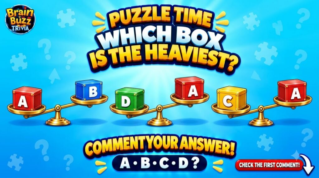 A cartoon-style brain teaser showing three golden weighing scales vertically arranged Each scale balances two colorful l
