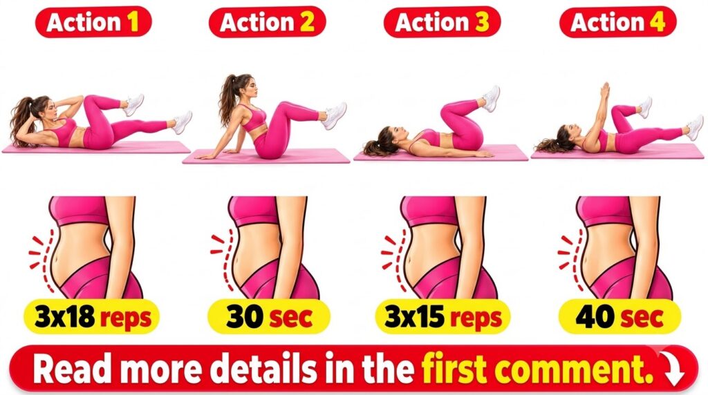 An infographic featuring a woman in pink activewear demonstrating four different abdominal exercises each with diagrams 