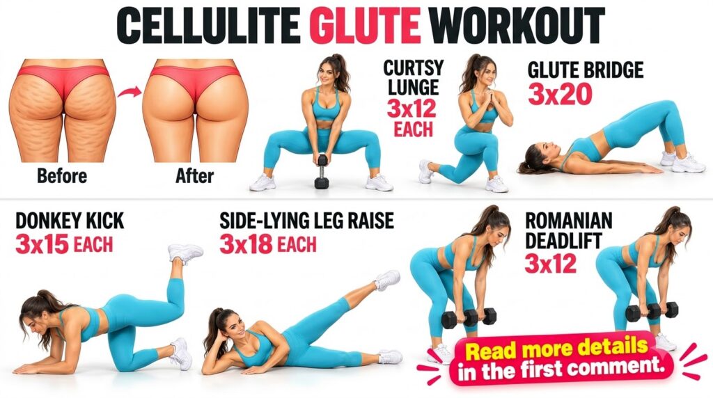An infographic showing a before and after comparison of glutes and a woman demonstrating six glute-focused exercises wit