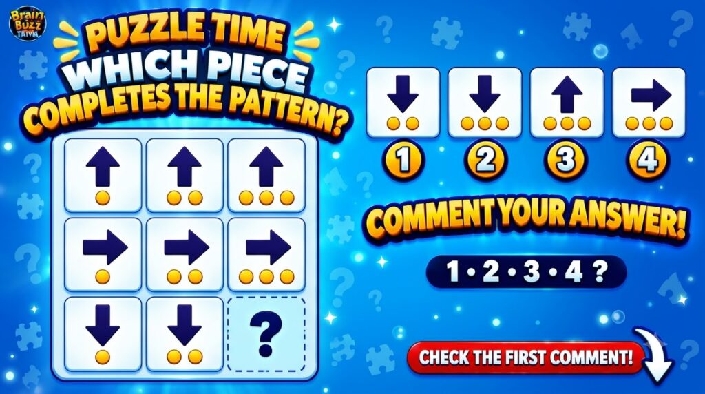 A mobile game-style brain teaser featuring a 3x3 grid of arrow patterns and dots with a missing piece to be identified f