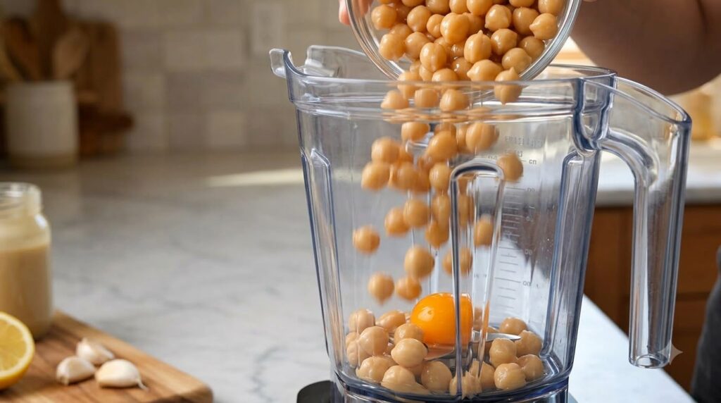 Overhead shot of chickpeas and an egg yolk falling from a glass bowl into a blender showing motion blur and the transpar