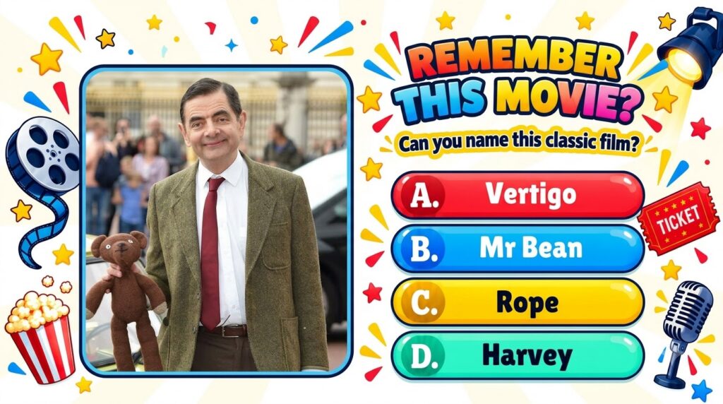 A vibrant vertical quiz graphic featuring a framed photo of Mr Bean holding his teddy bear surrounded by cartoonish movi
