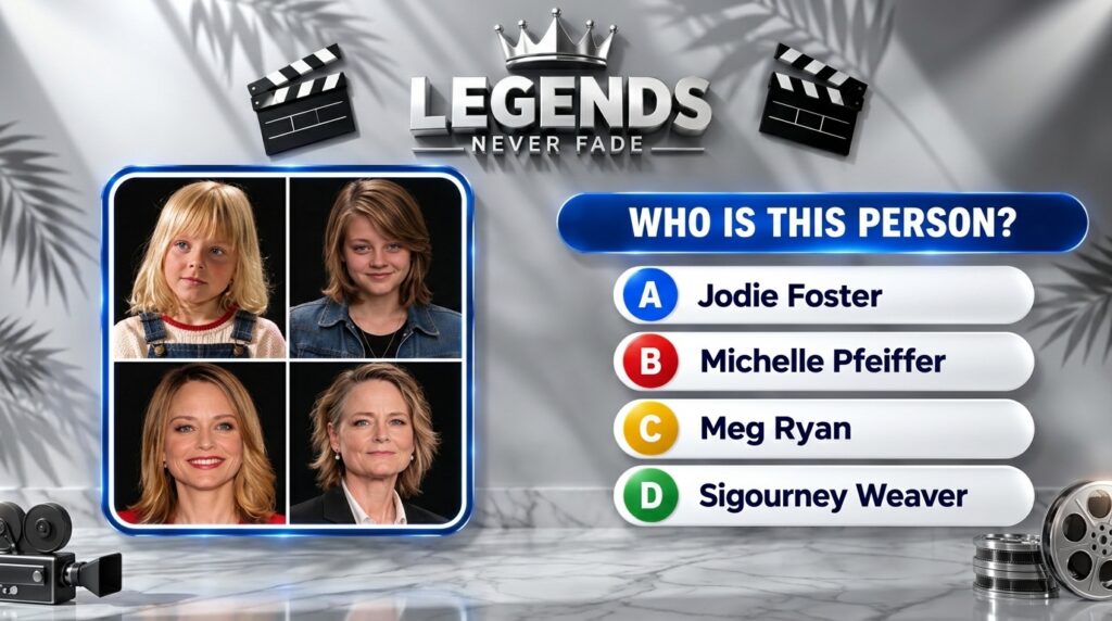 A 2x2 grid of portraits showing Jodie Foster at different life stages from childhood to maturity framed by a blue border