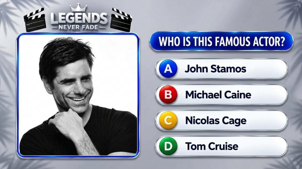 A mobile quiz interface featuring a black and white portrait of actor John Stamos smiling The quiz asks WHO IS THIS FAMO