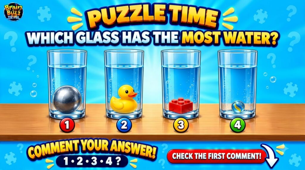 A bright cartoonish graphic showing four transparent glasses on a wooden shelf each with a different object metal sphere