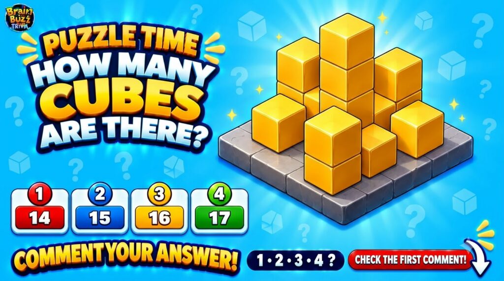 A mobile game-like puzzle interface showing a stack of golden cubes on a grey platform against a bright blue background 
