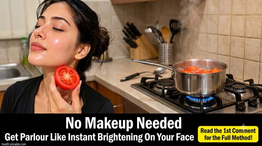 A split image showing red tomatoes boiling in a pot on one side and a woman with radiant dewy skin holding a sliced toma