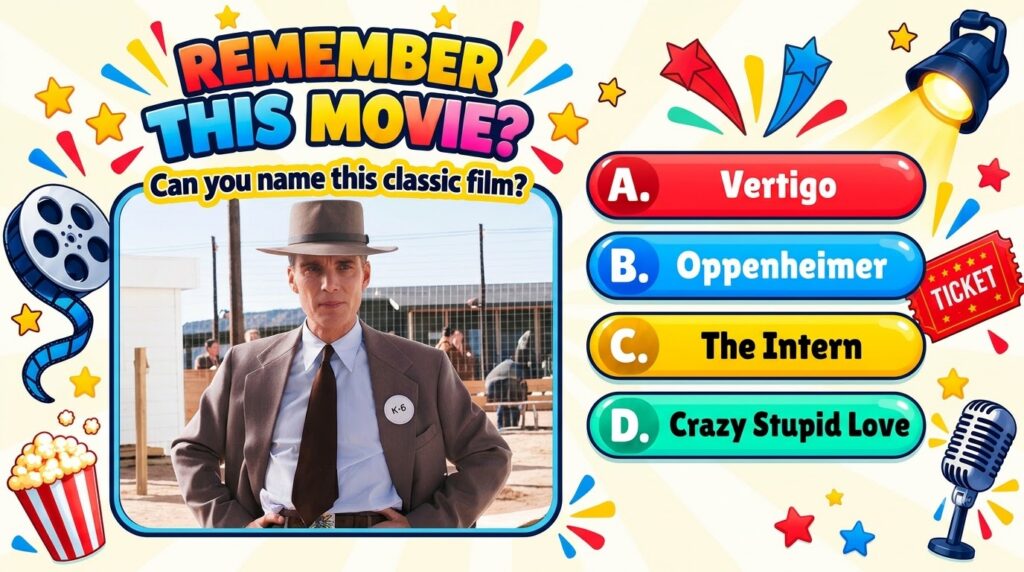 A social media quiz graphic featuring Cillian Murphy as J Robert Oppenheimer in a suit and hat with movie-themed decorat