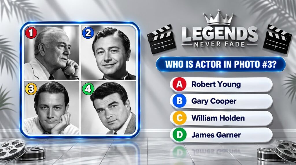 A quiz graphic titled LEGENDS NEVER FADE with four black-and-white portraits of classic actors in a glowing blue frame a