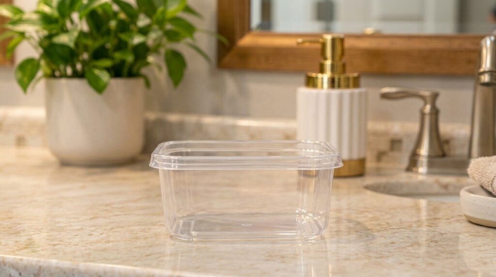 Ingredients for DIY bathroom odor eliminator baking soda fabric softener rubbing alcohol and whole cloves on a counter w