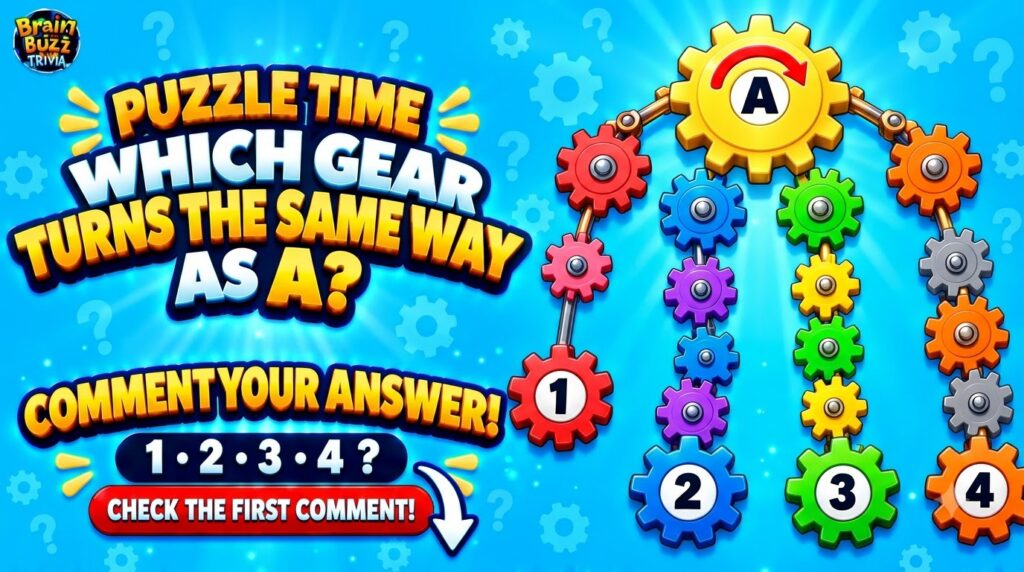 A vibrant colorful puzzle featuring a central yellow gear labeled A with a clockwise rotation indicator connected to an 
