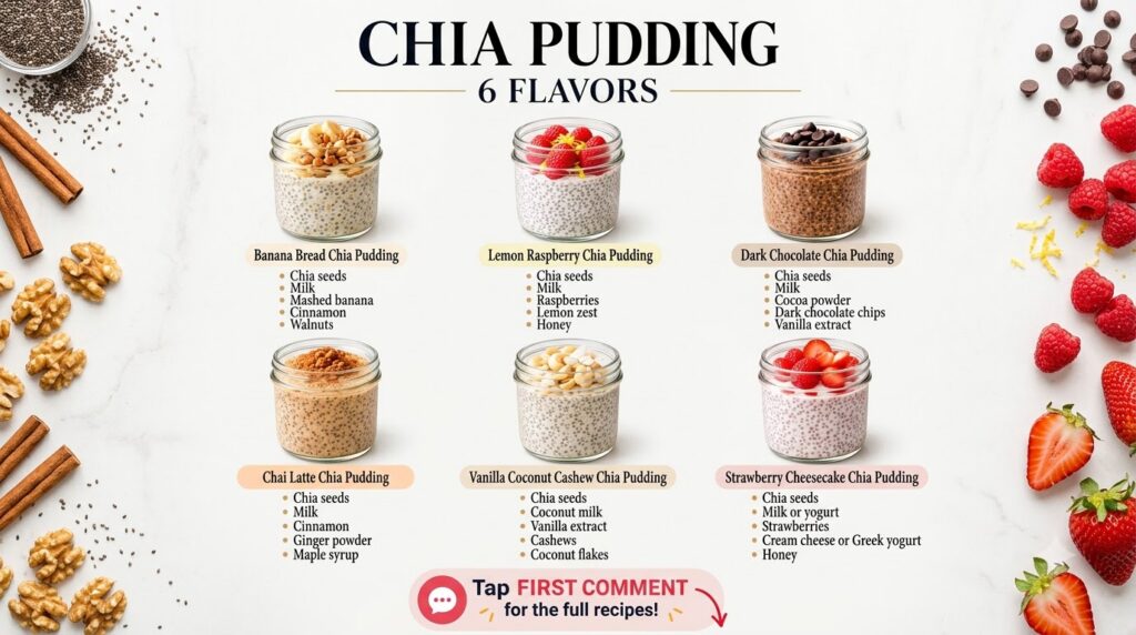 Six distinct flavors of chia pudding in clear glass jars each with unique toppings like berries nuts and chocolate