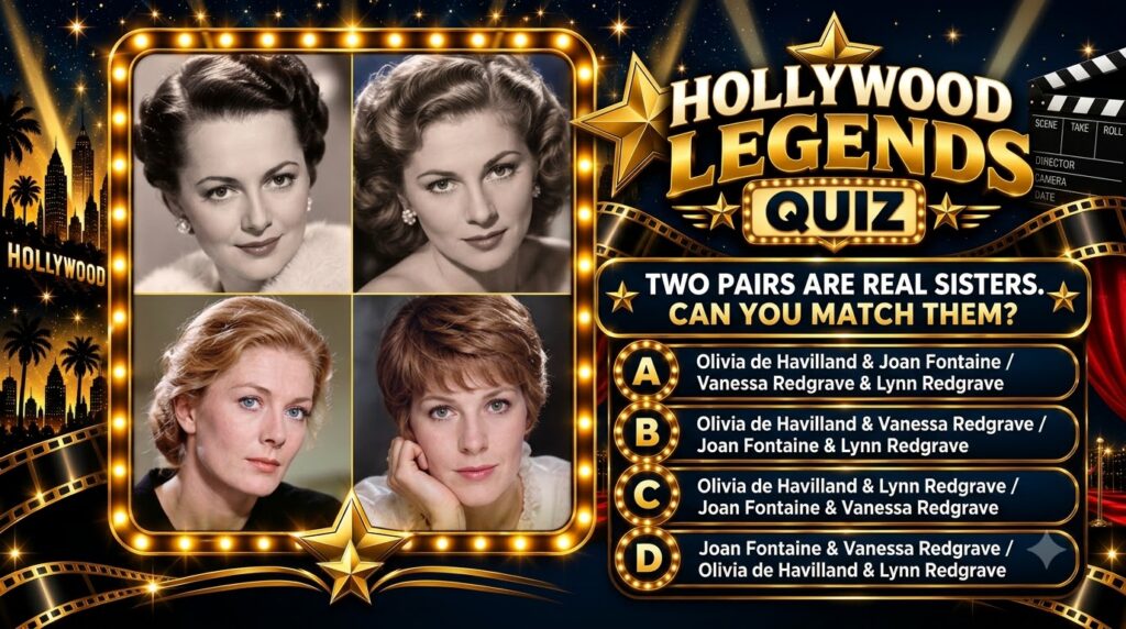 A vertical quiz poster themed around Hollywood Legends featuring four framed black and white portraits of classic actres