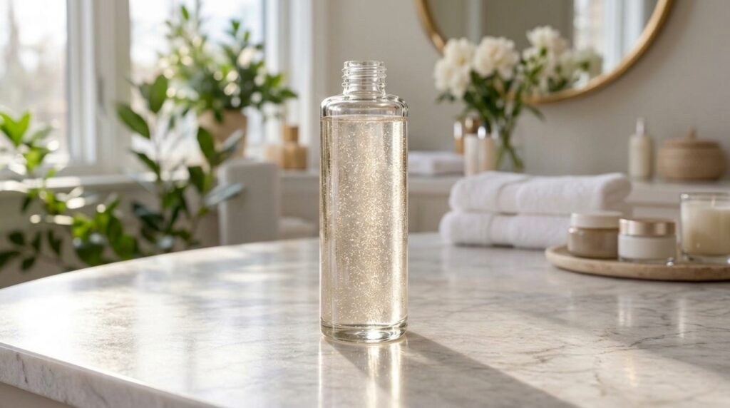 A homemade body oil mixture with baby powder alum and liquid musk emphasizing a fresh scent and soft skin