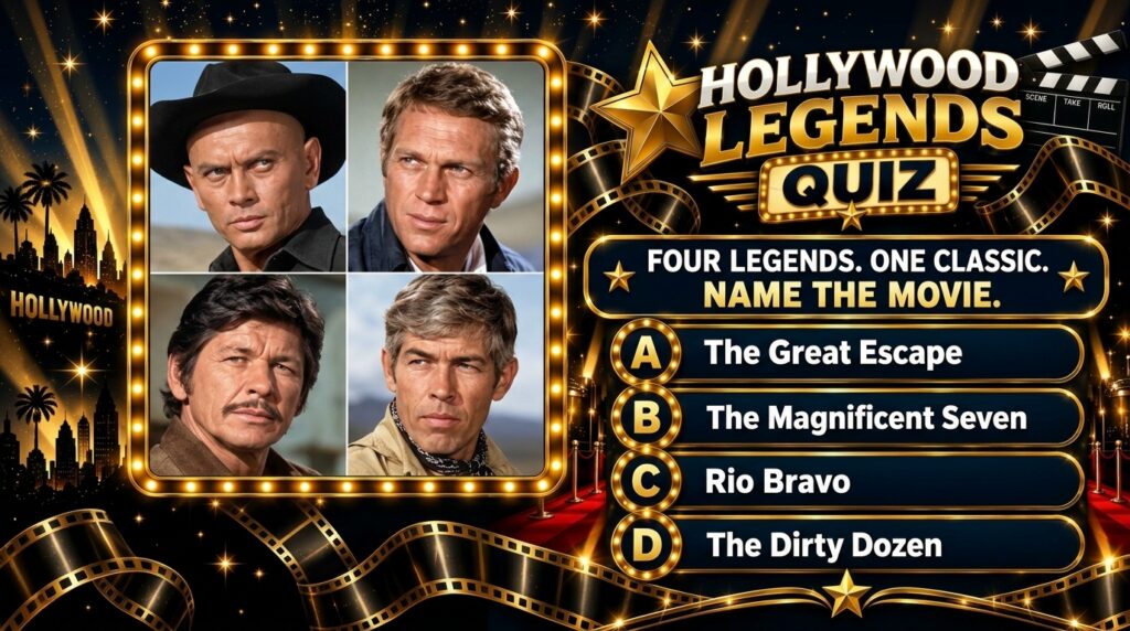 A quiz poster featuring a collage of Yul Brynner Steve McQueen Charles Bronson and James Coburn at the top with a HOLLYW