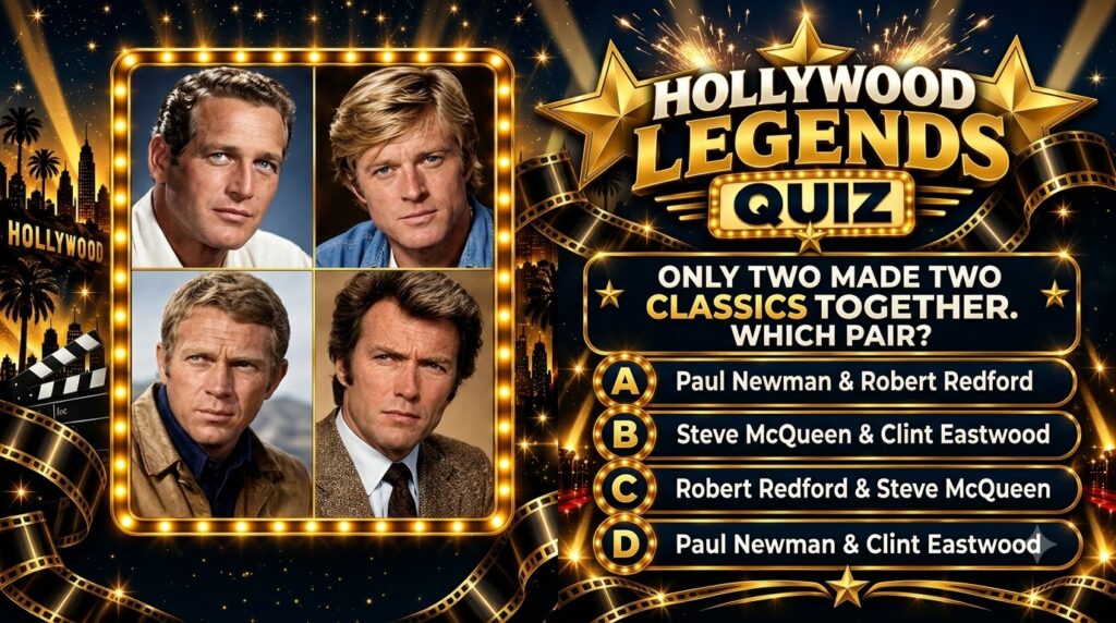A vibrant golden-themed quiz poster featuring a quadriptych of classic Hollywood actors Paul Newman Robert Redford Steve