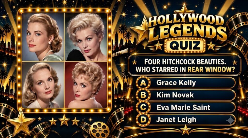 A vibrant retro-themed Hollywood quiz poster featuring classic portraits of Grace Kelly Kim Novak Eva Marie Saint and Ja