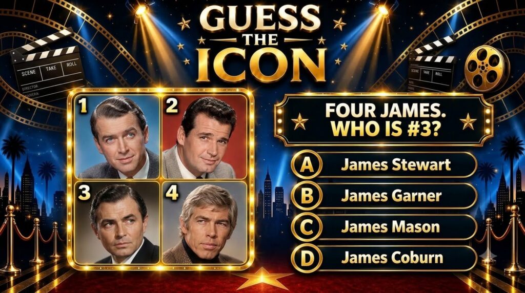A vibrant golden-themed quiz graphic titled GUESS THE ICON featuring four headshots of classic Hollywood actors James St