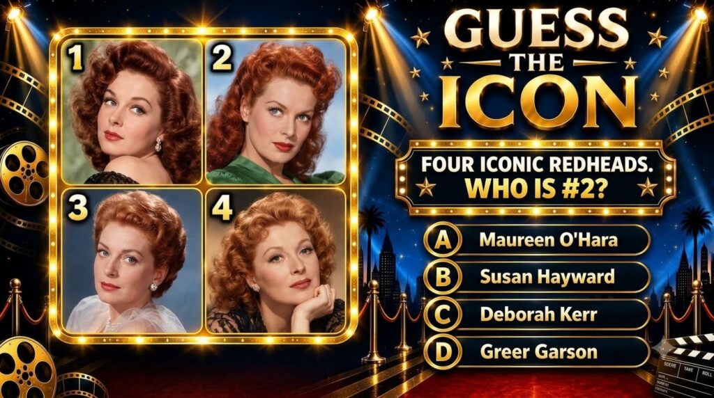 A vibrant retro-themed quiz poster titled GUESS THE ICON featuring four portrait photos of red-haired classic actresses 