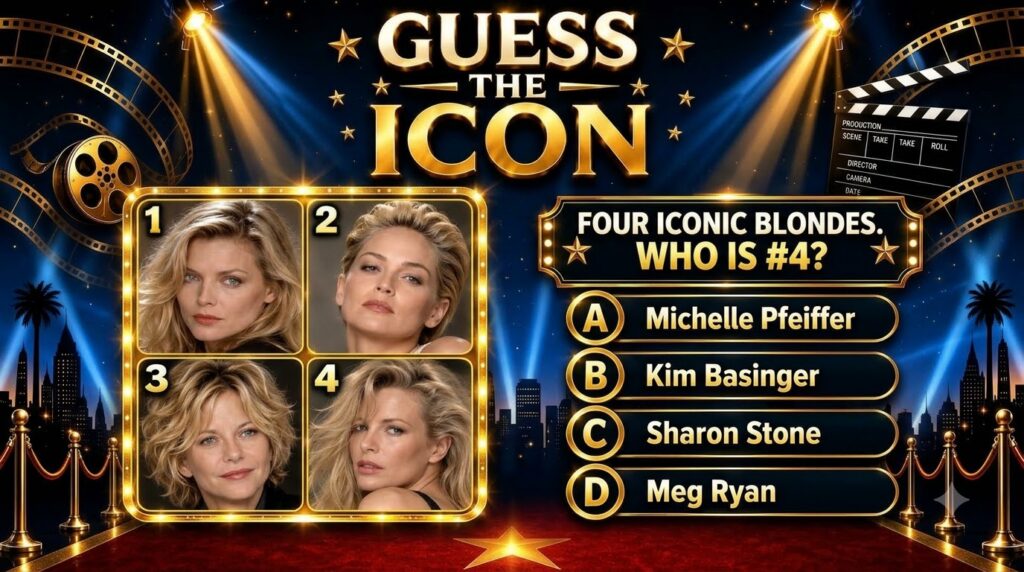 A vertical quiz graphic titled Guess The Icon featuring a grid of four portraits of blonde actresses Michelle Pfeiffer S