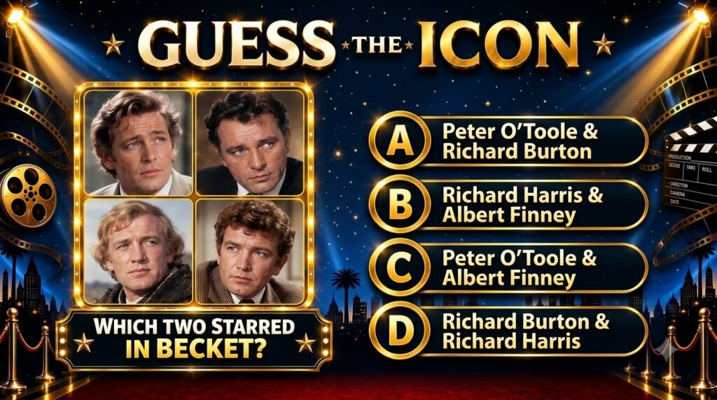A quiz graphic titled GUESS THE ICON featuring a grid of four classic male actors with the question WHICH TWO STARRED IN