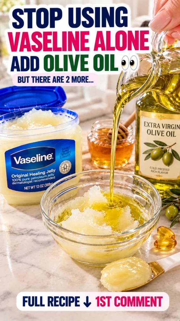 A hand pouring golden olive oil from a glass carafe into a bowl of white Vaseline petroleum jelly surrounded by honey vi