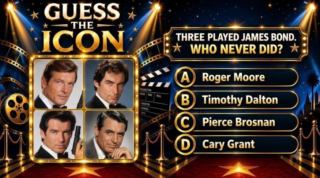 A quiz poster featuring headshots of Roger Moore Timothy Dalton Pierce Brosnan and Cary Grant in golden frames against a