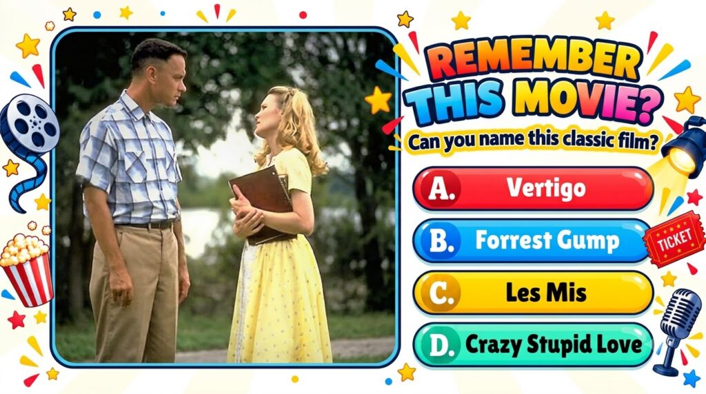Forrest Gump Tom Hanks and Jenny Curran Robin Wright standing outdoors looking at each other with blurred foliage in the