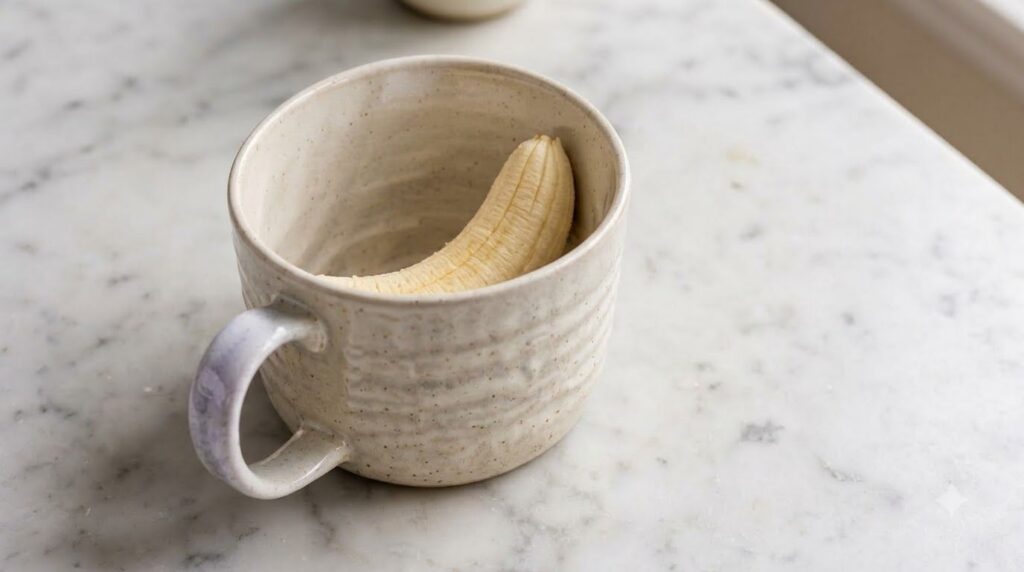A close-up shot of a warm freshly made banana strawberry cream cheese mug cake in a colorful mug showing gooey cream che