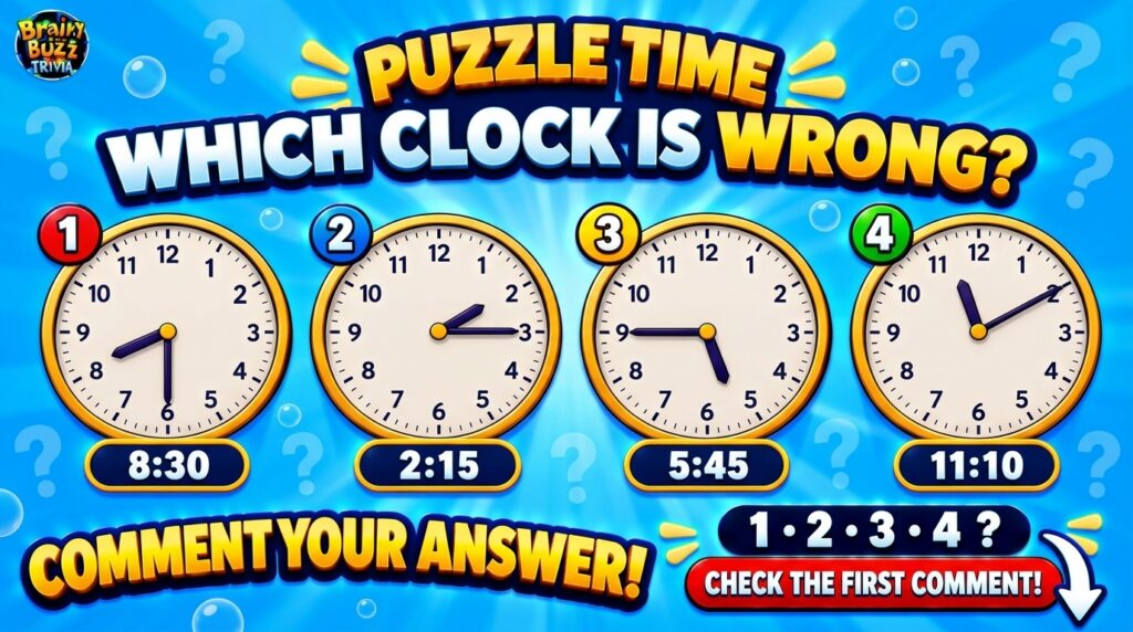 A cartoon-style visual puzzle with four analog clocks and digital time displays The question WHICH CLOCK IS WRONG is pro
