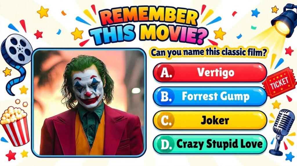 A vibrant cartoonish movie quiz interface showing Joaquin Phoenix as the Joker surrounded by film-themed elements