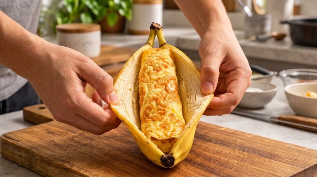 A person s hands holding an opened banana peel containing a perfectly cooked golden-brown rolled omelet on a wooden cutt