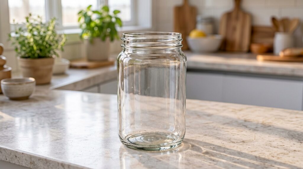 A glass jar filled with creamy homemade vegan mayonnaise next to an immersion blender and fresh ingredients like lemon a