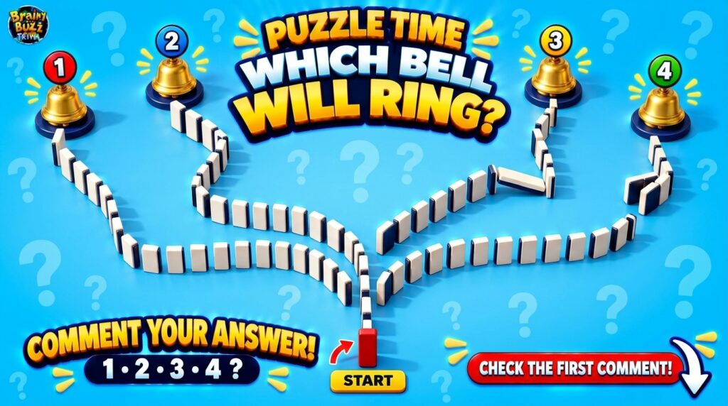 A vibrant graphic puzzle featuring a complex domino chain on a bright blue background Four golden bells numbered 1 to 4 