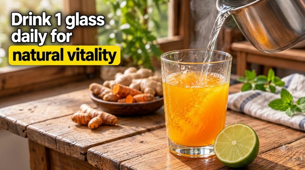 A refreshing detox drink being prepared in a clear glass on a rustic wooden table with water being poured from a metal k