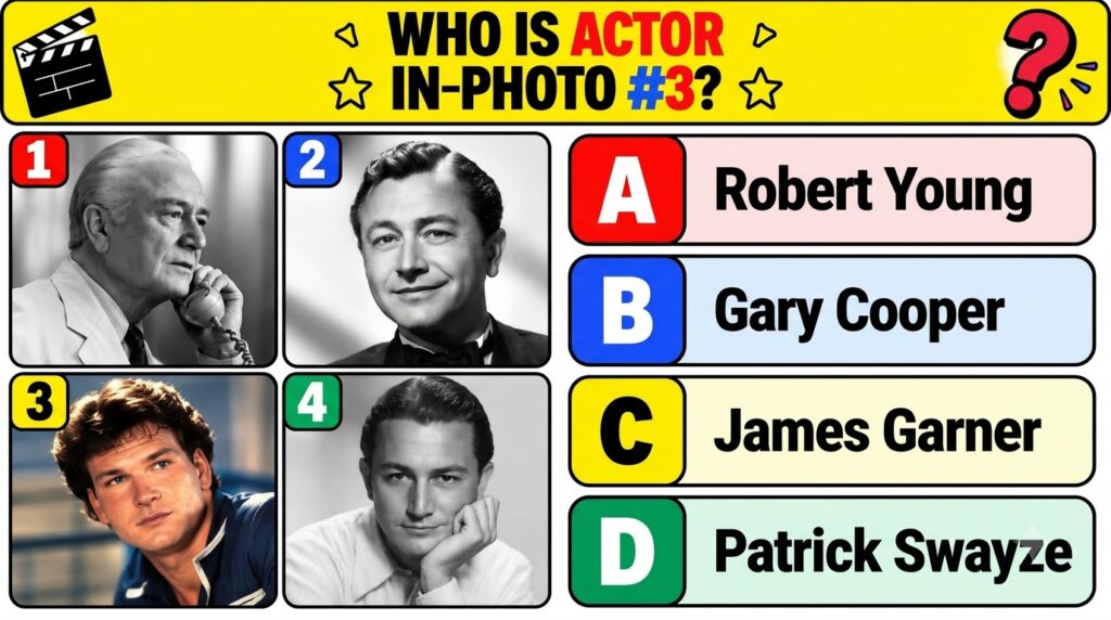 A black and white multiple-choice quiz graphic asking WHO IS ACTOR IN PHOTO 3 featuring four headshots of classic male a