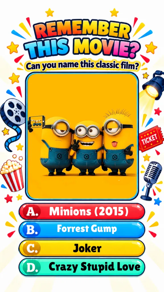 Vibrant movie quiz graphic featuring three Minions taking a selfie surrounded by film-related icons like a film reel pop