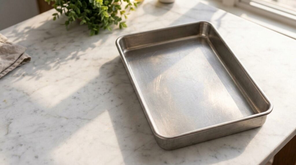 A close-up shot of a golden-brown baked chicken and potato dish in a rustic baking pan garnished with fresh herbs