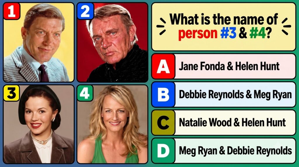 A multiple-choice quiz image showing four classic Hollywood actor headshots in a 2x2 grid with a question below asking t