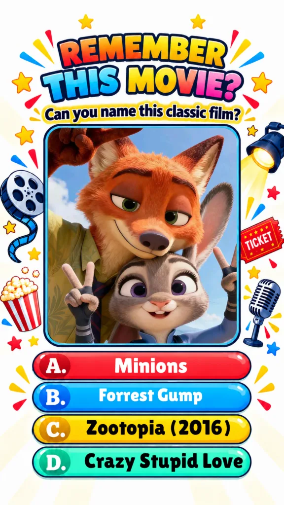 A vibrant colorful movie quiz with Nick Wilde and Judy Hopps from Disney s Zootopia making peace signs in a framed image