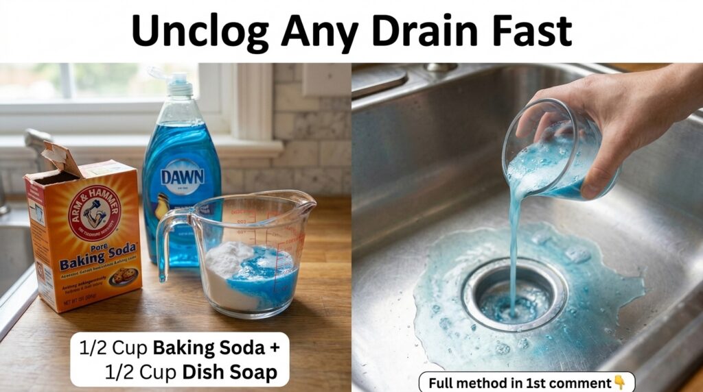A hand pouring blue dish soap into a glass cup containing brown coffee grounds showing the mixing process for a DIY scru
